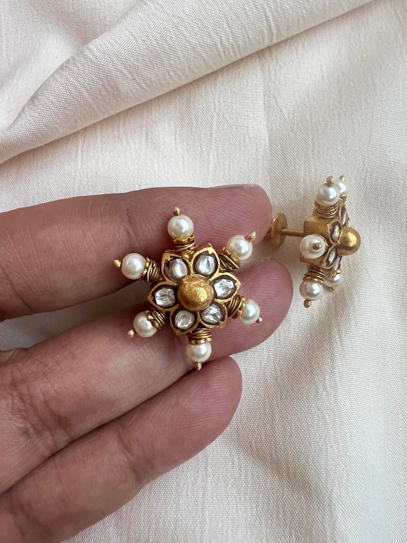 Gold polish kundan studs with pearls-Earrings-CI-House of Taamara