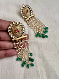 Gold polish kundan studs with pearls & green onyx bead hangings-Earrings-CI-House of Taamara