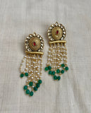 Gold polish kundan studs with pearls & green onyx bead hangings-Earrings-CI-House of Taamara