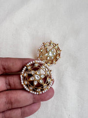 Gold polish kundan studs with round pearls-Earrings-CI-House of Taamara