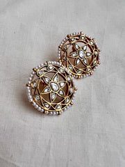 Gold polish kundan studs with round pearls-Earrings-CI-House of Taamara