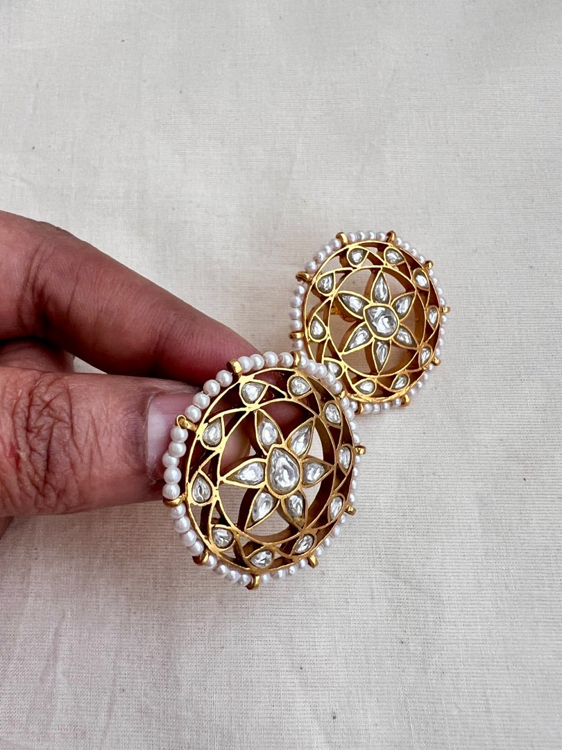Gold polish kundan studs with round pearls-Earrings-CI-House of Taamara