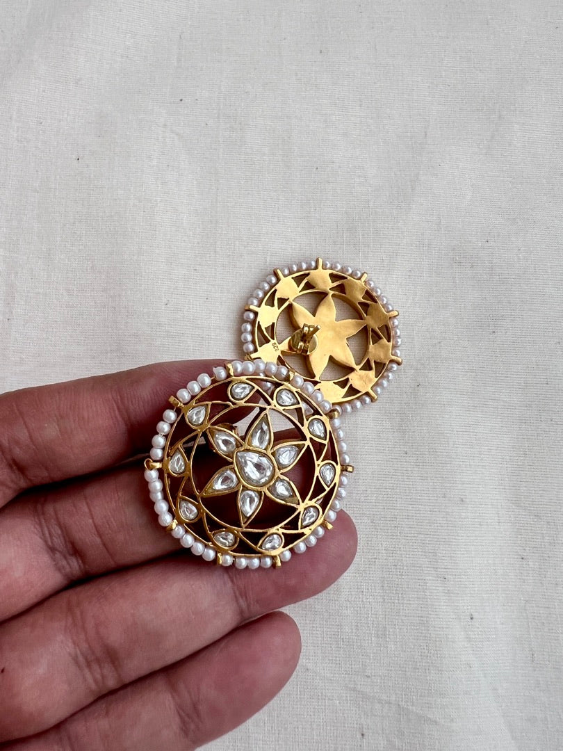 Gold polish kundan studs with round pearls-Earrings-CI-House of Taamara