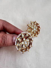 Gold polish kundan studs with round pearls-Earrings-CI-House of Taamara