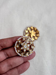 Gold polish kundan studs with round pearls-Earrings-CI-House of Taamara