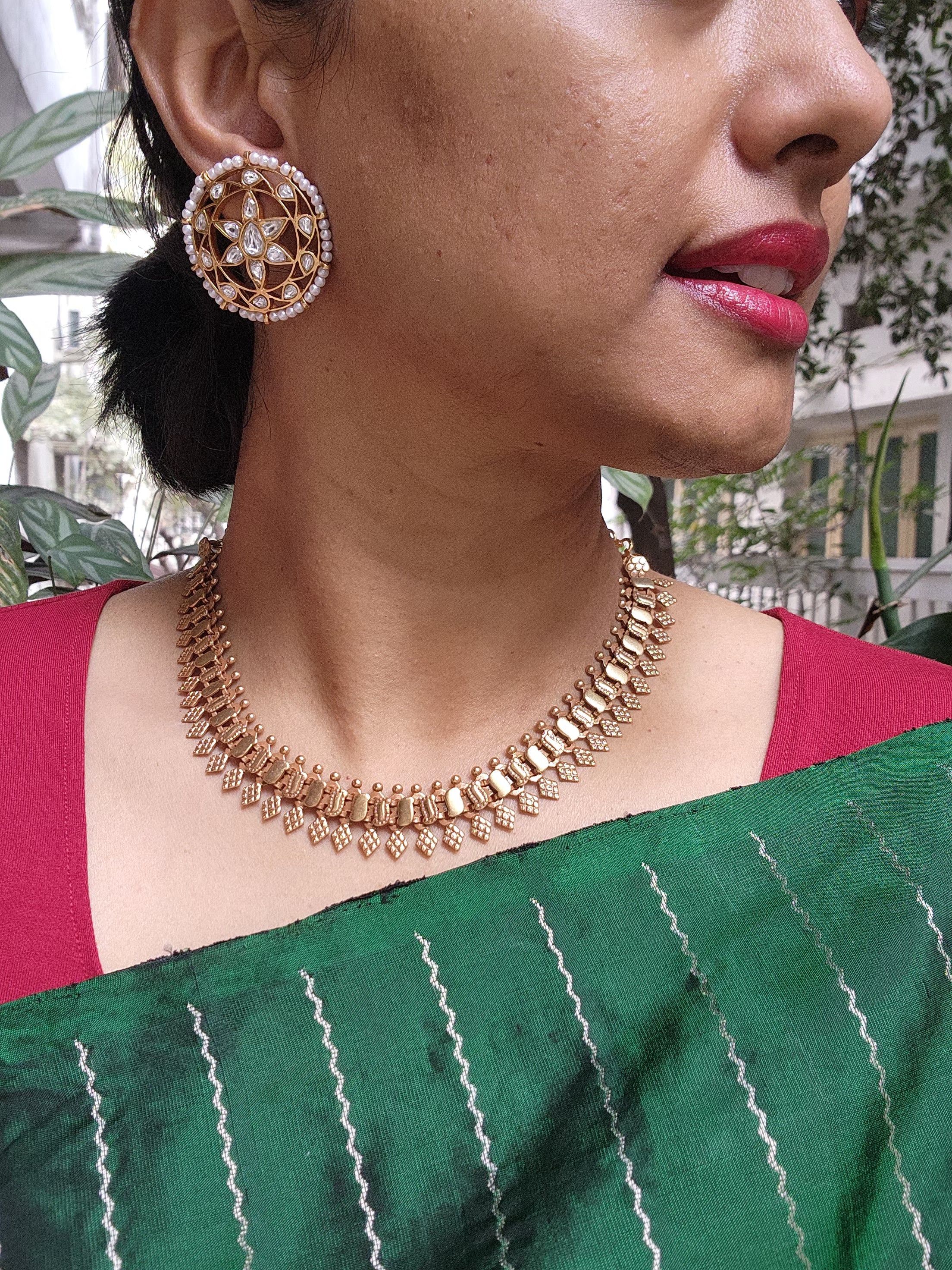 Gold polish kundan studs with round pearls-Earrings-CI-House of Taamara