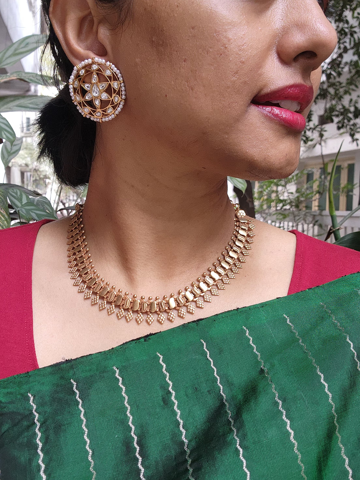 Gold polish kundan studs with round pearls-Earrings-CI-House of Taamara