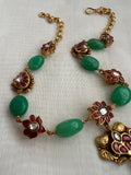 Gold polish kundan style & kemp flower necklace set with green onyx beads-Silver Neckpiece-CI-House of Taamara