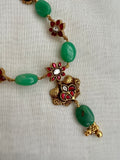 Gold polish kundan style & kemp flower necklace set with green onyx beads-Silver Neckpiece-CI-House of Taamara