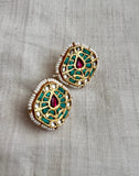 Gold polish kundan, turquoise and ruby studs with pearls-Earrings-CI-House of Taamara