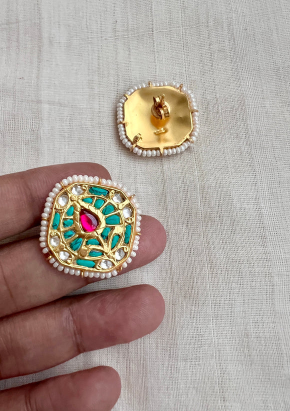 Gold polish kundan, turquoise and ruby studs with pearls-Earrings-CI-House of Taamara