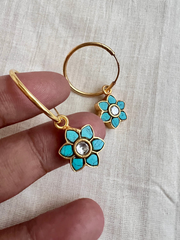 Gold polish kundan & turquoise loop earrings-Earrings-CI-House of Taamara