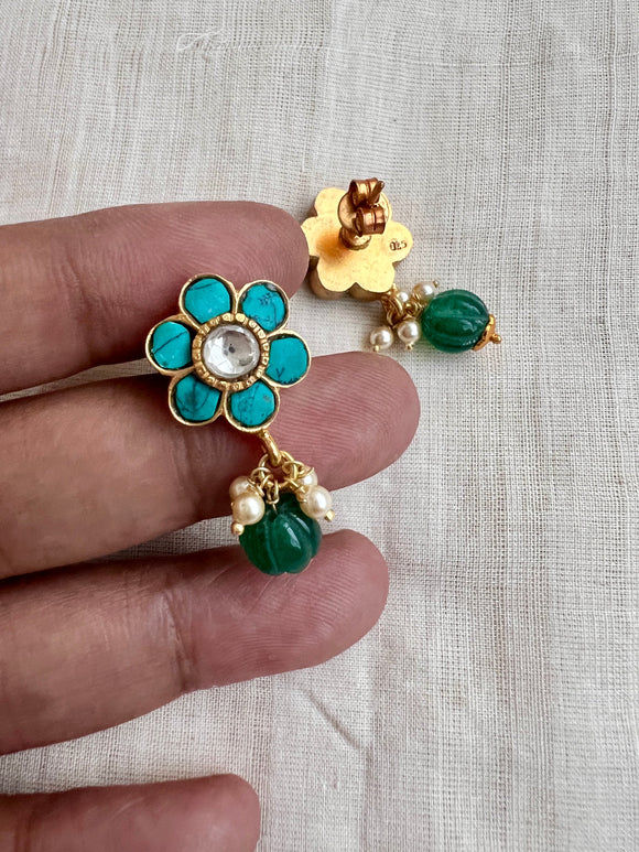 Gold polish kundan & turquoise studs with pearls & green onyx beads-Earrings-CI-House of Taamara