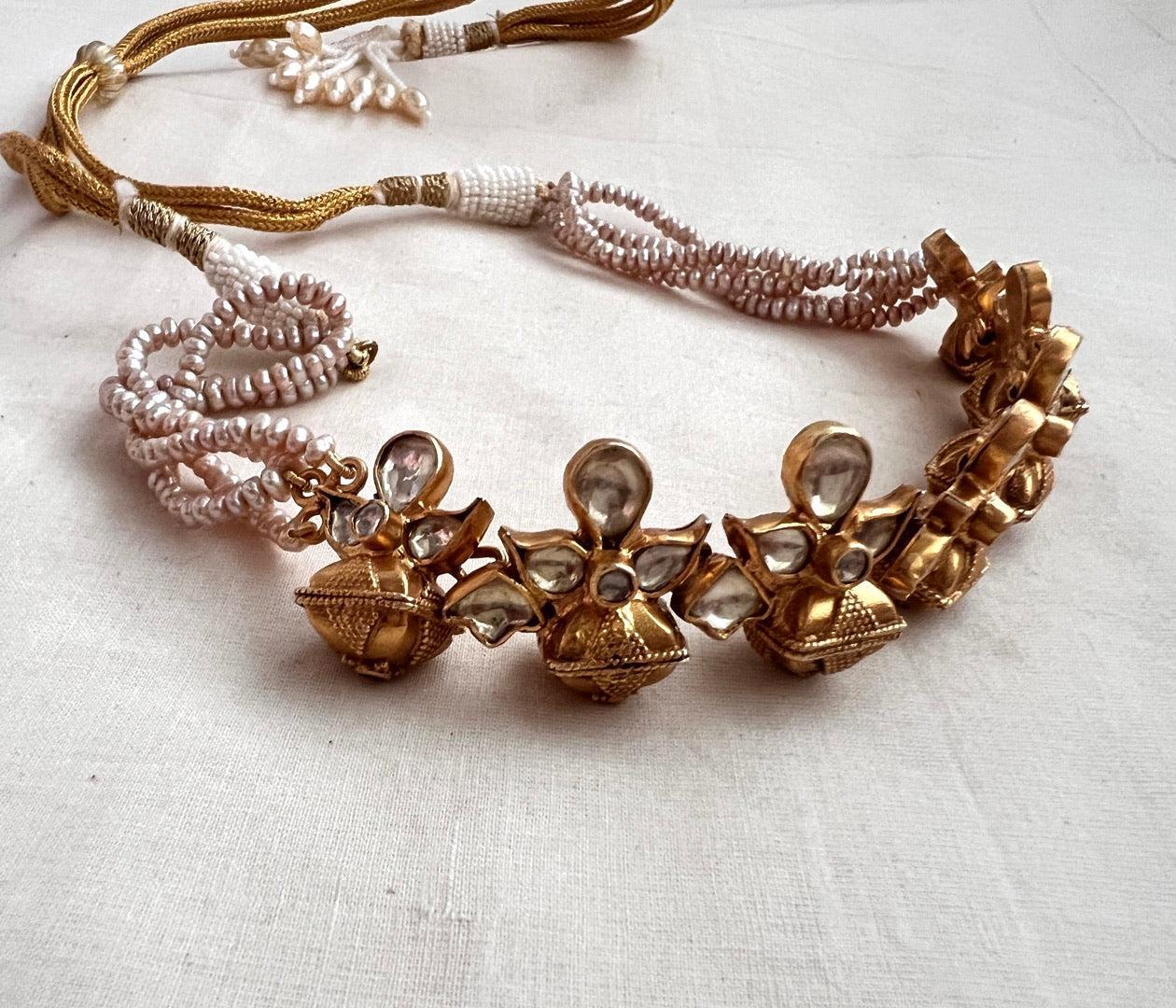 Gold polish kundan work necklace with pearls-Silver Neckpiece-CI-House of Taamara