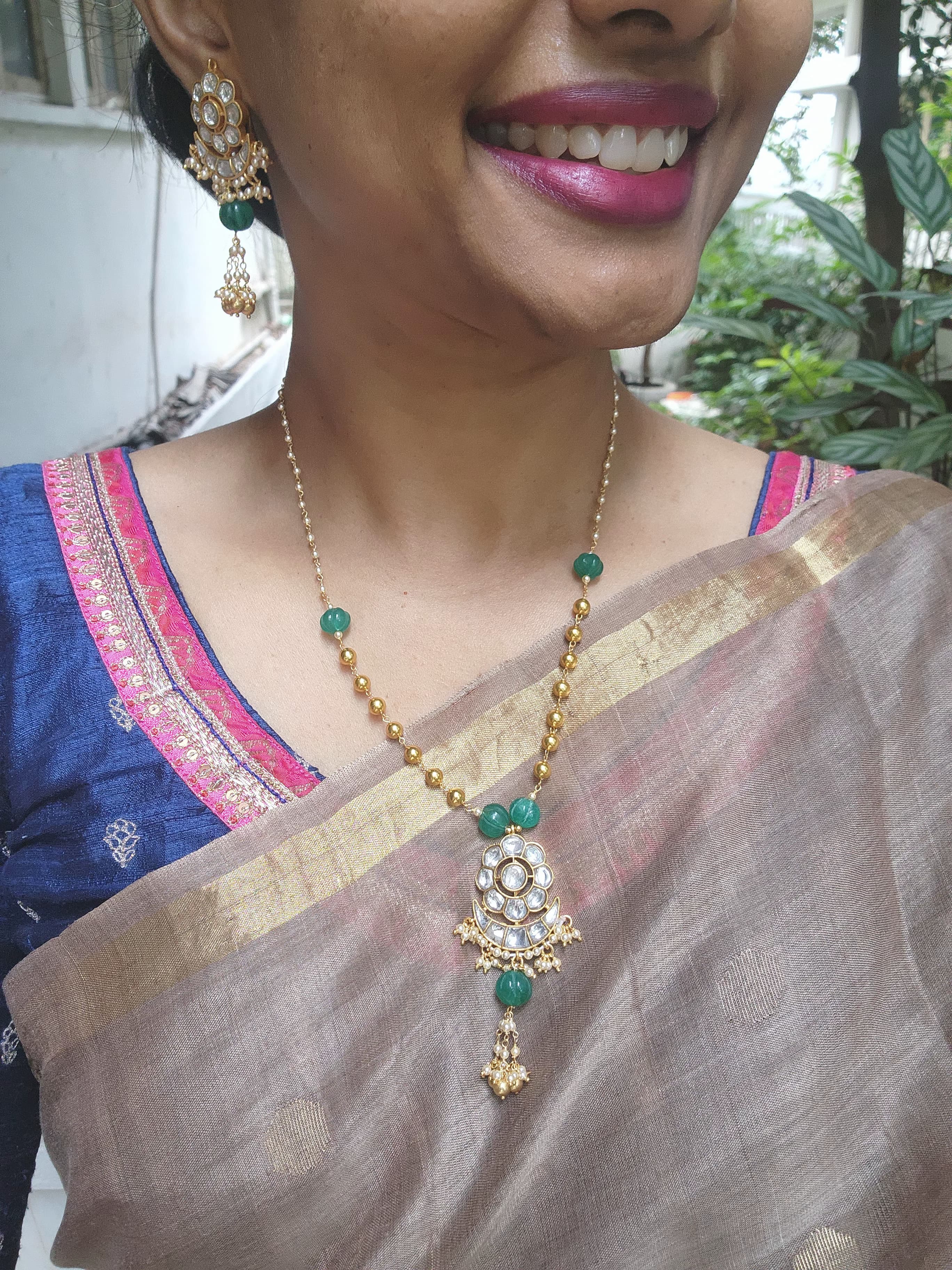 Gold polish kundan work pendant with pearls & gold beads chain, SET-Silver Neckpiece-CI-House of Taamara