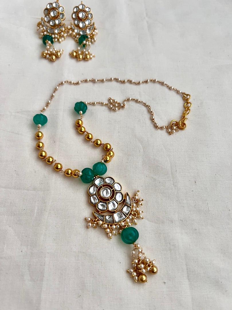 Gold polish kundan work pendant with pearls & gold beads chain, SET-Silver Neckpiece-CI-House of Taamara