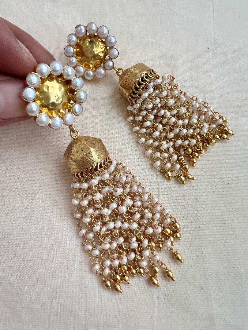 Gold polish long jhumkas with pearls bunch-Earrings-CI-House of Taamara