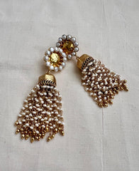 Gold polish long jhumkas with pearls bunch-Earrings-CI-House of Taamara