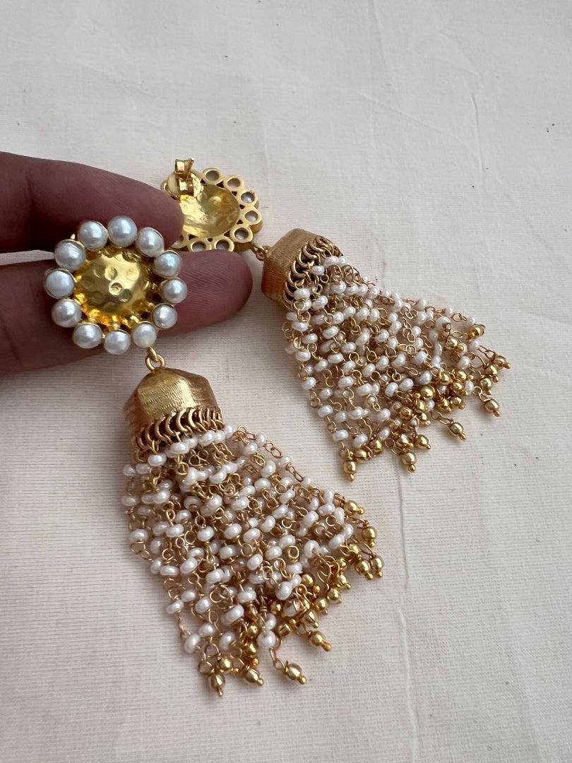 Gold polish long jhumkas with pearls bunch-Earrings-CI-House of Taamara