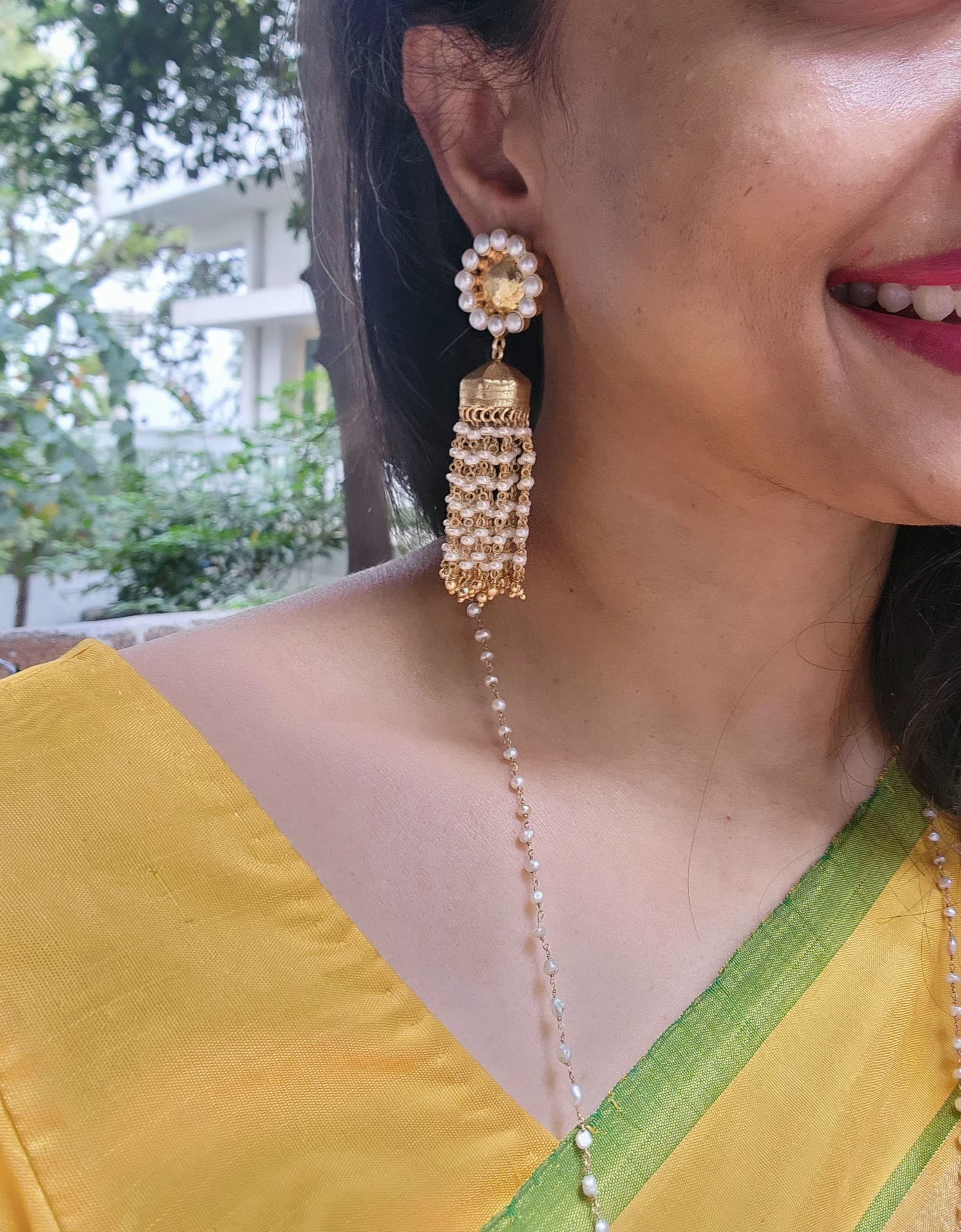 Gold polish long jhumkas with pearls bunch-Earrings-CI-House of Taamara