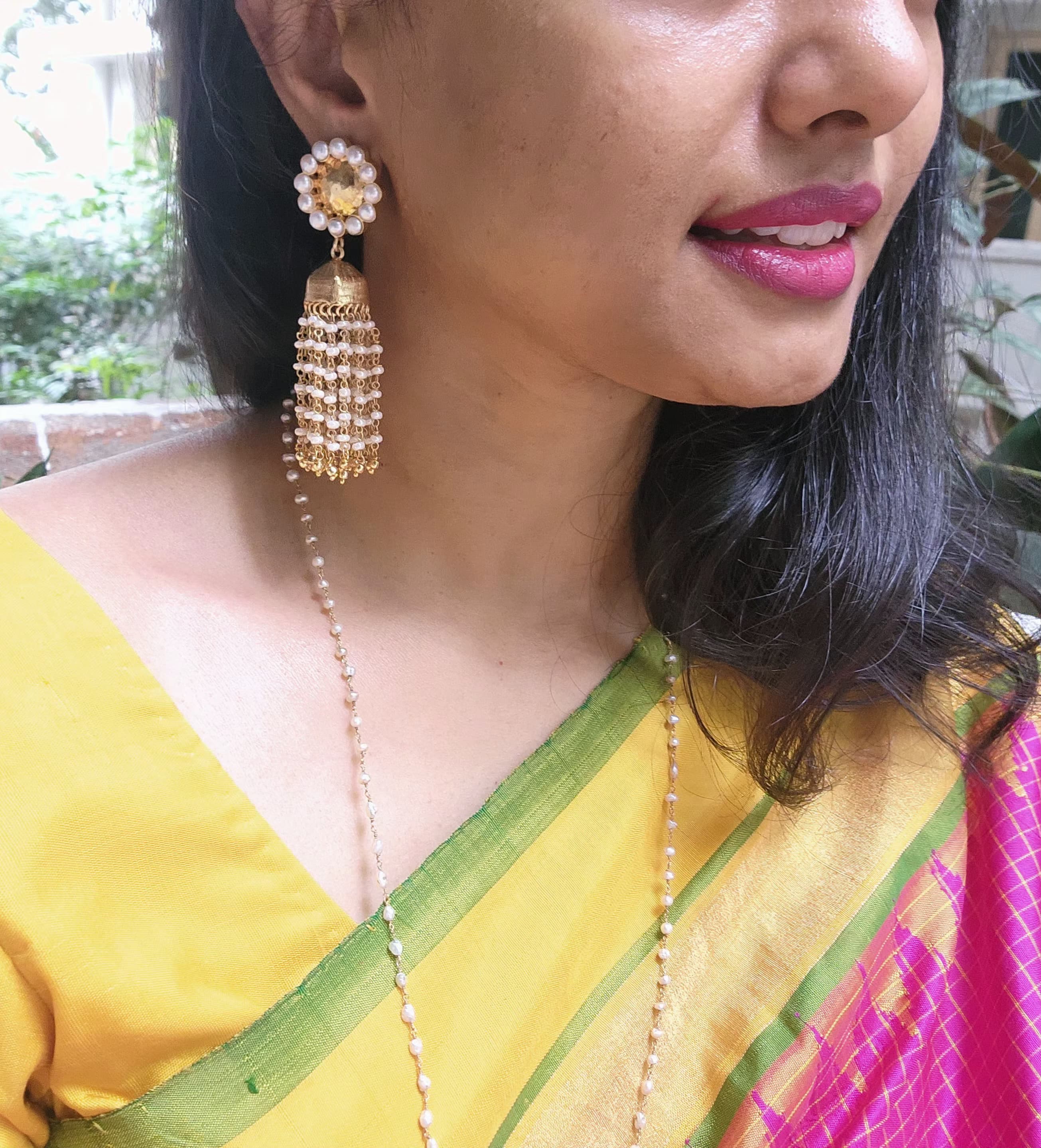 Gold polish long jhumkas with pearls bunch-Earrings-CI-House of Taamara