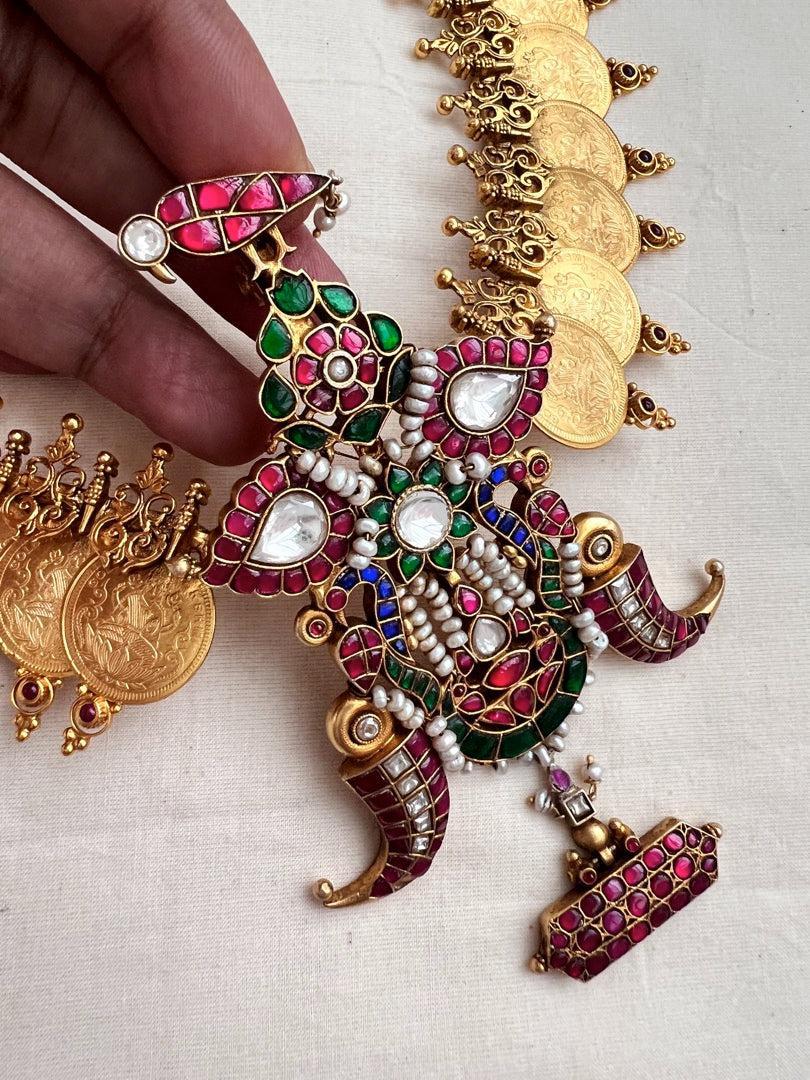 Gold polish long kasumala with statement kundan, ruby & emerald pendant-Silver Neckpiece-CI-House of Taamara