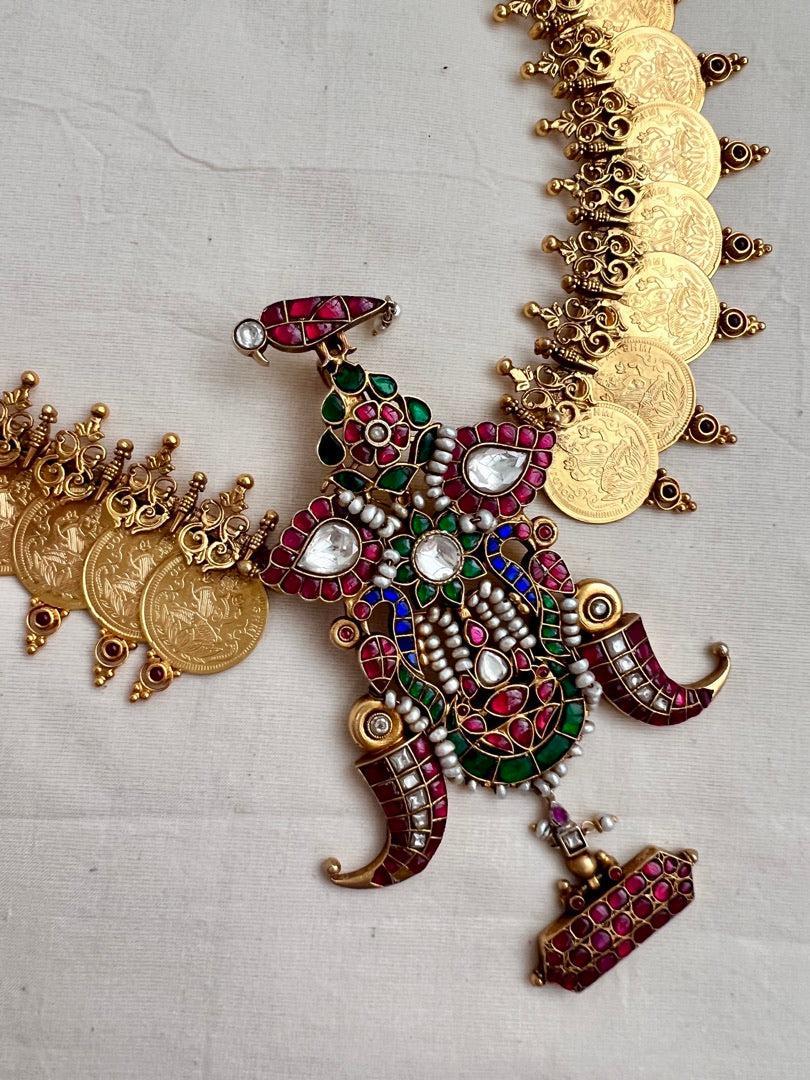 Gold polish long kasumala with statement kundan, ruby & emerald pendant-Silver Neckpiece-CI-House of Taamara