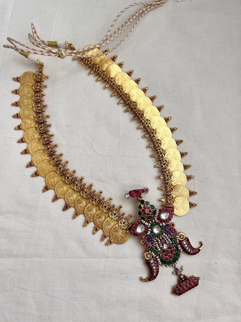 Gold polish long kasumala with statement kundan, ruby & emerald pendant-Silver Neckpiece-CI-House of Taamara