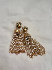 Gold polish long pearl jhumkas (MADE TO ORDER)-Earrings-CI-House of Taamara