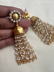 Gold polish long pearl jhumkas (MADE TO ORDER)-Earrings-CI-House of Taamara