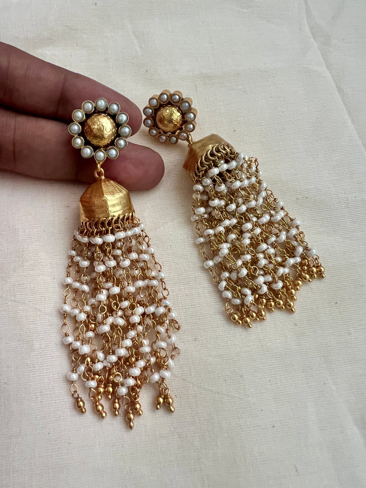 Gold polish long pearl jhumkas (MADE TO ORDER)-Earrings-CI-House of Taamara