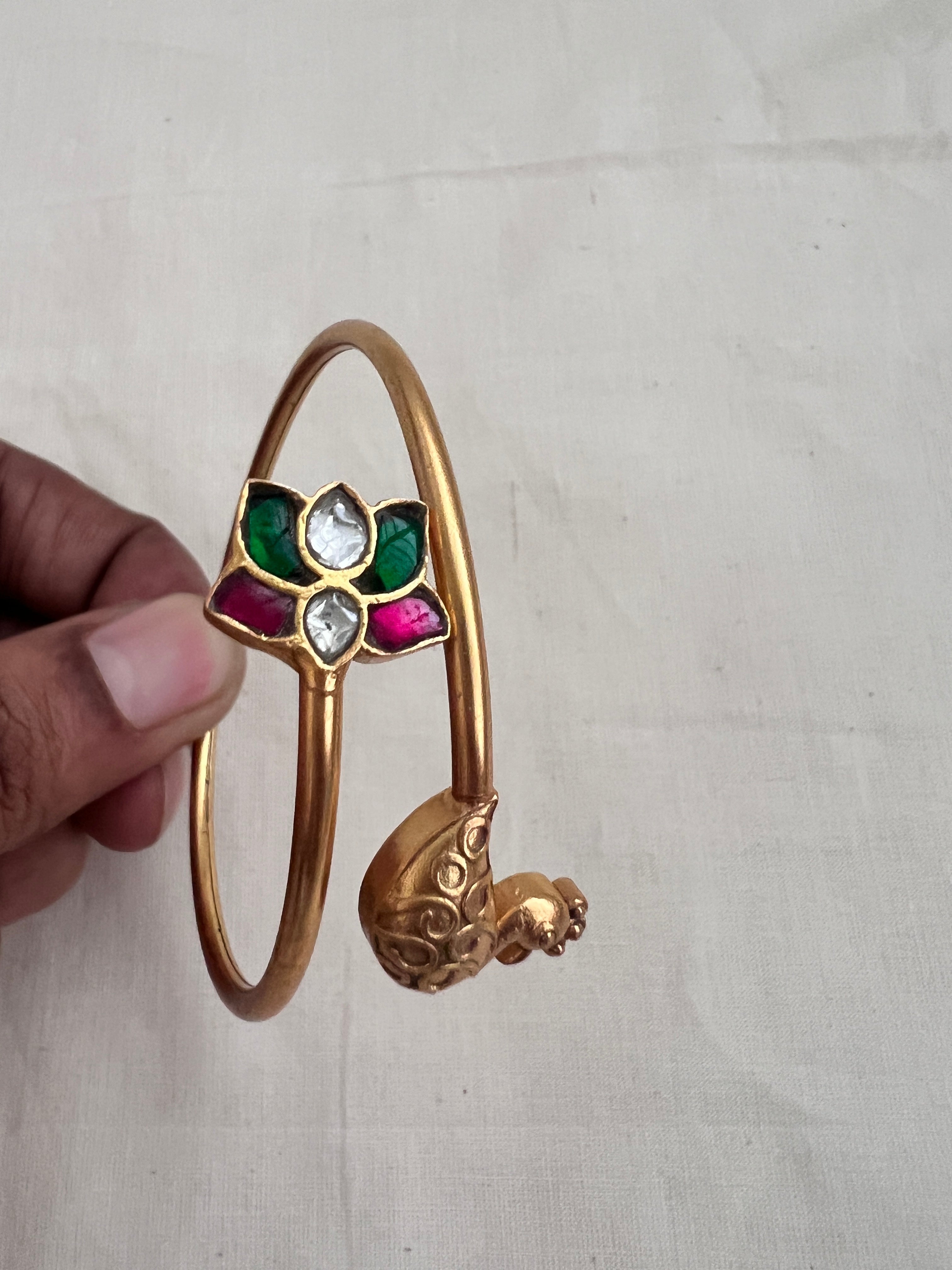 Gold polish lotus ruby & green stones adjustable kada -Silver Bracelet-CI-House of Taamara