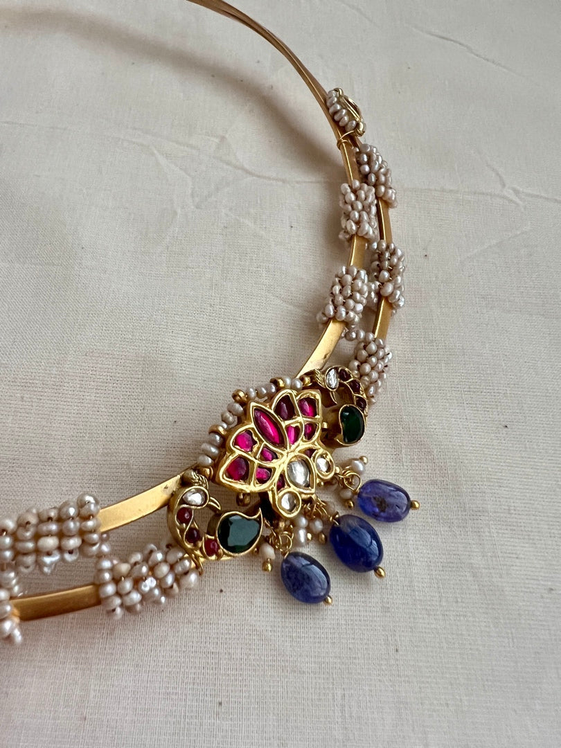 Gold polish modern hasli with kundan & ruby and pearls-Silver Neckpiece-CI-House of Taamara