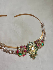 Gold polish modern hasli with kundan & ruby and pearls-Silver Neckpiece-CI-House of Taamara