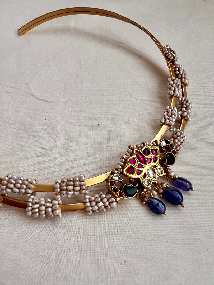 Gold polish modern hasli with kundan & ruby and pearls-Silver Neckpiece-CI-House of Taamara