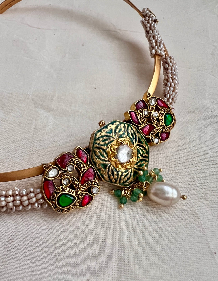 Gold polish modern hasli with kundan & ruby and pearls-Silver Neckpiece-CI-House of Taamara