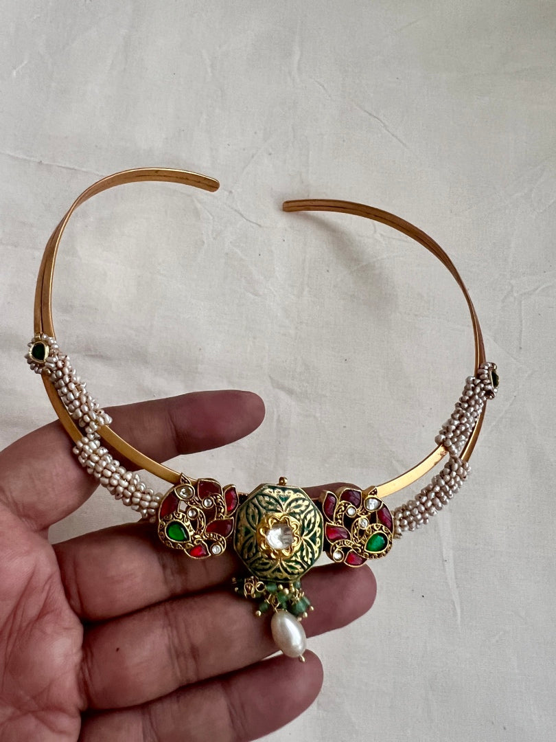 Gold polish modern hasli with kundan & ruby and pearls-Silver Neckpiece-CI-House of Taamara