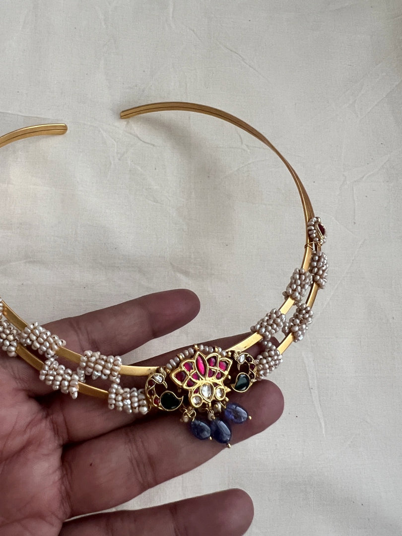 Gold polish modern hasli with kundan & ruby and pearls-Silver Neckpiece-CI-House of Taamara