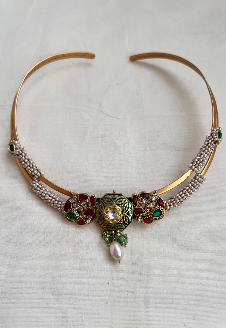 Gold polish modern hasli with kundan & ruby and pearls-Silver Neckpiece-CI-House of Taamara