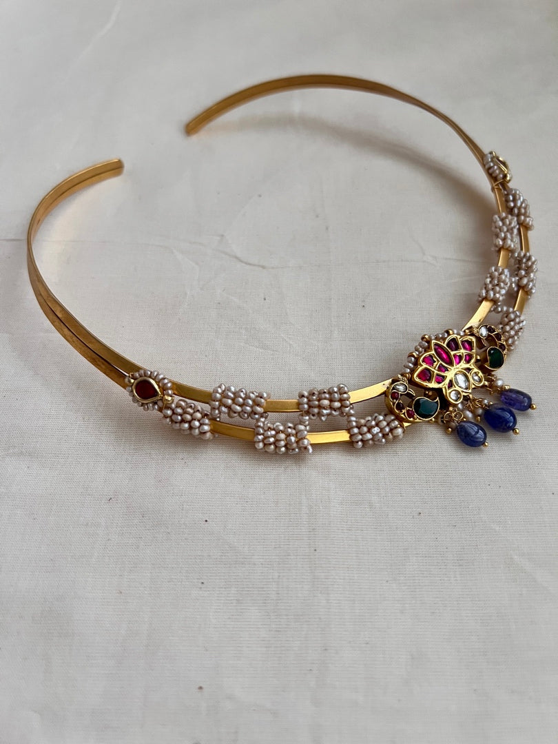 Gold polish modern hasli with kundan & ruby and pearls-Silver Neckpiece-CI-House of Taamara