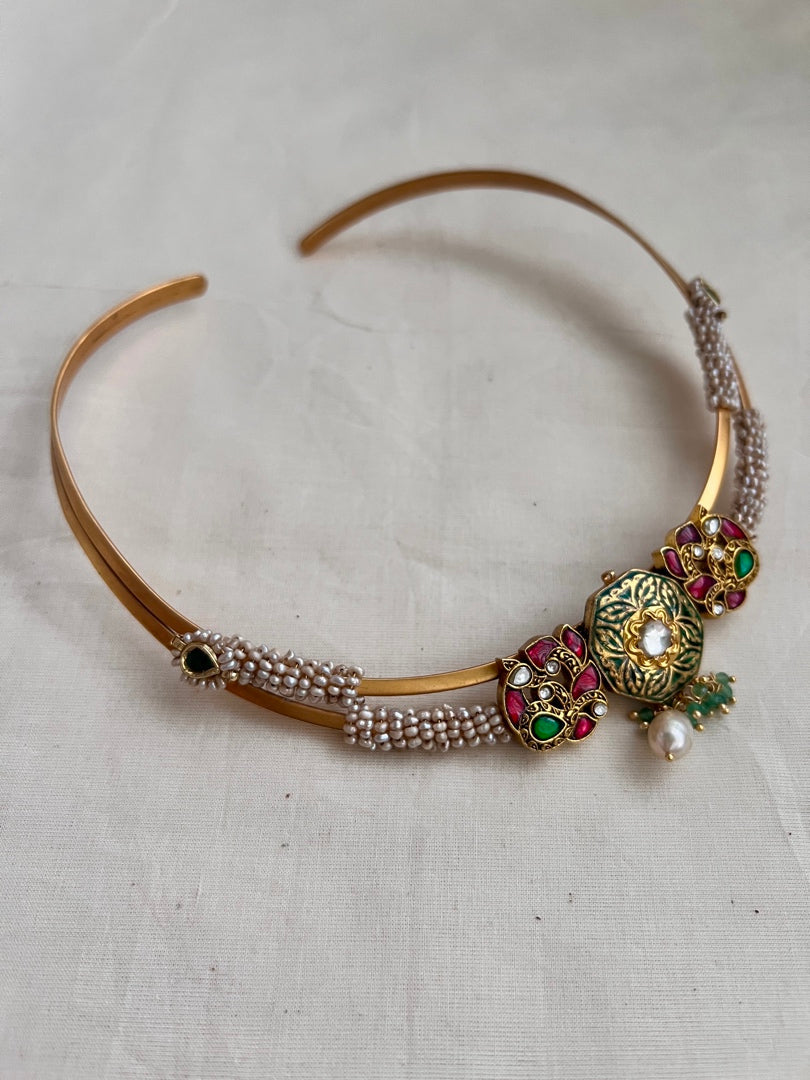 Gold polish modern hasli with kundan & ruby and pearls-Silver Neckpiece-CI-House of Taamara