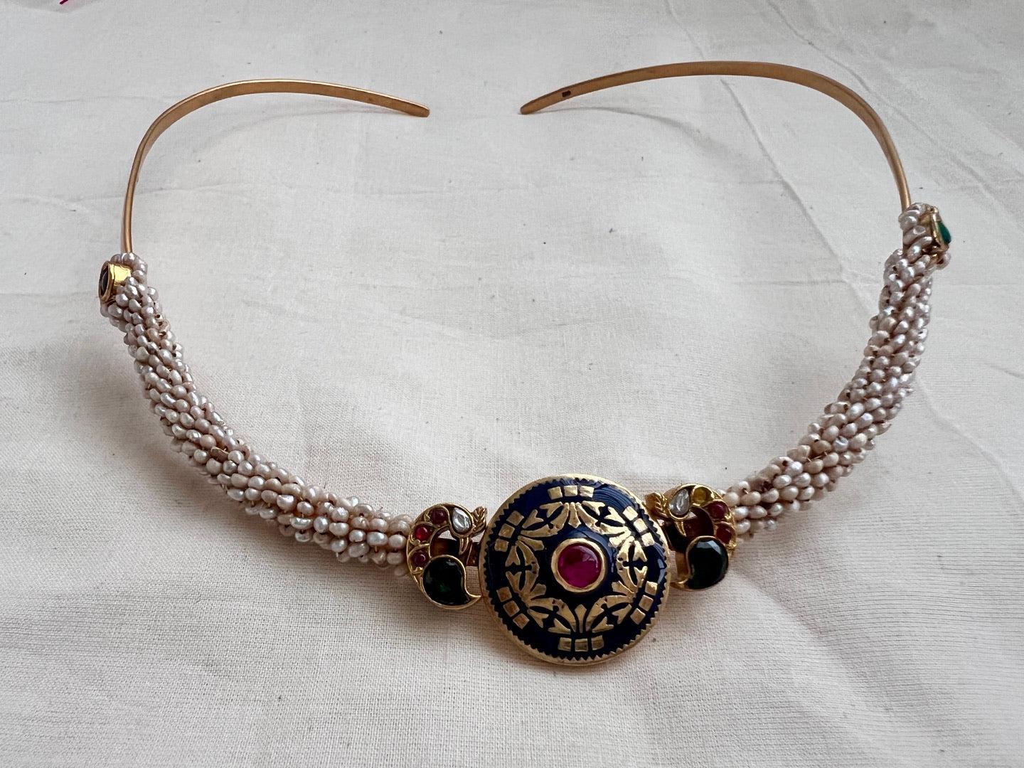 Gold polish modern style hasli with kundan motif and pearls-Silver Neckpiece-CI-House of Taamara