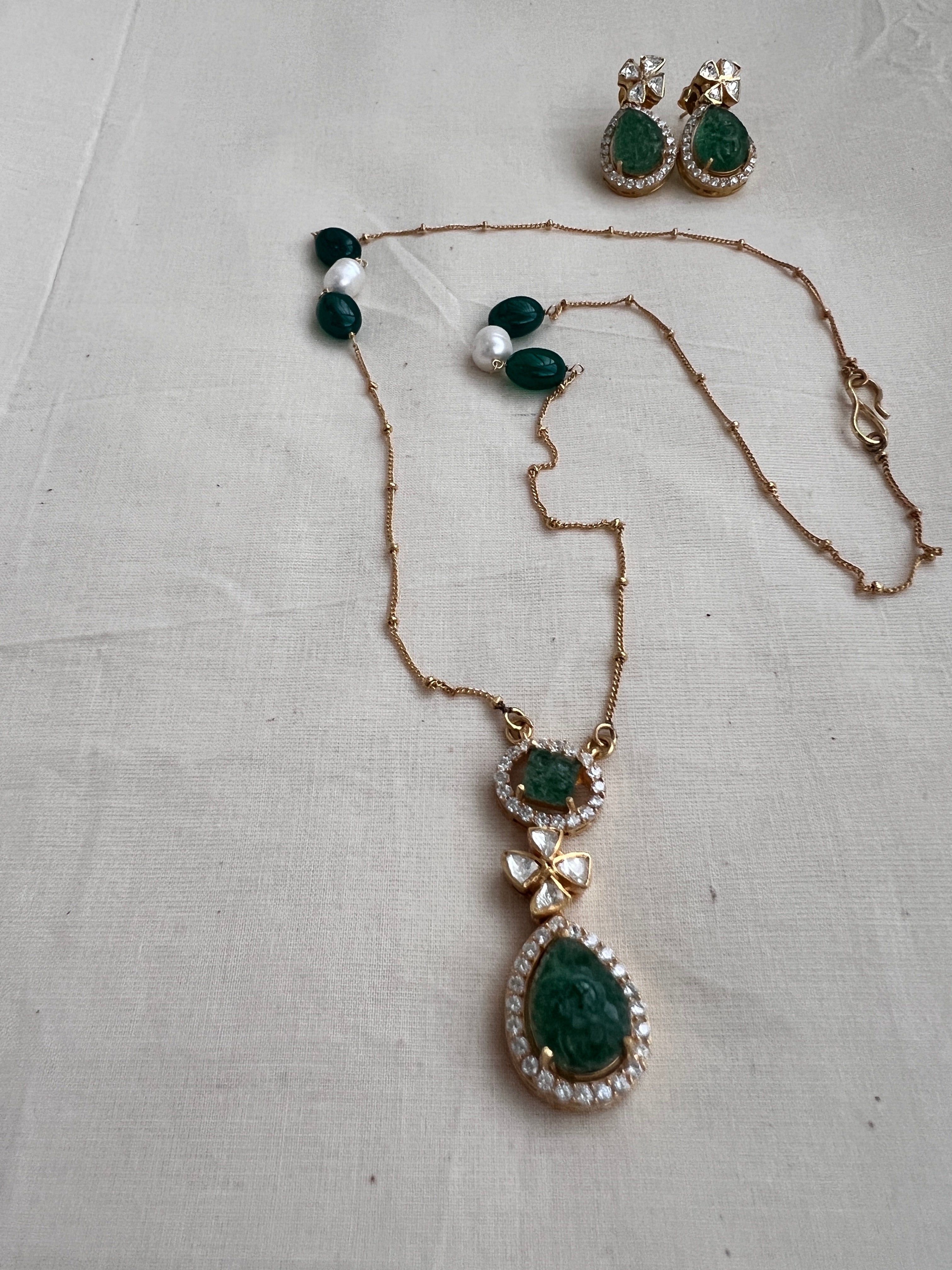 Gold polish moissanite & carved jade pendant with chain, SET-Silver Neckpiece-CI-House of Taamara