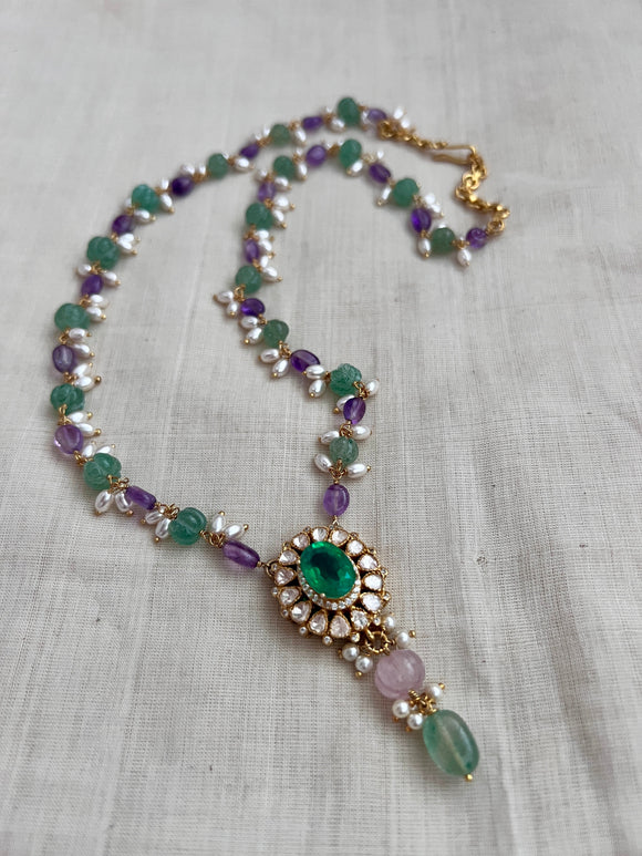 Gold polish moissanite & doublet pendant with jade, amethyst and pearls bead chain-Silver Neckpiece-CI-House of Taamara