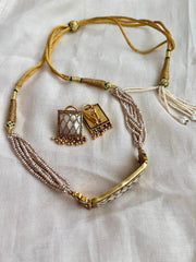 Gold polish mother of pearl choker with earrings, SET-Silver Neckpiece-CI-House of Taamara