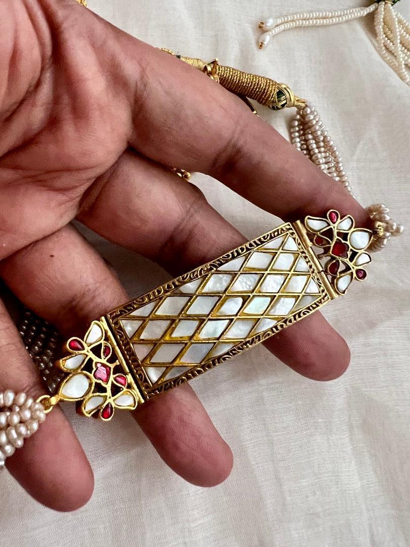 Gold polish mother of pearl choker with earrings, SET-Silver Neckpiece-CI-House of Taamara