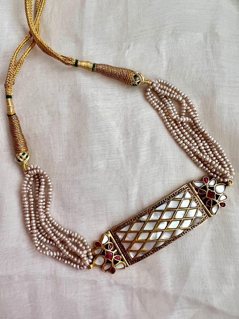 Gold polish mother of pearl choker with earrings, SET-Silver Neckpiece-CI-House of Taamara