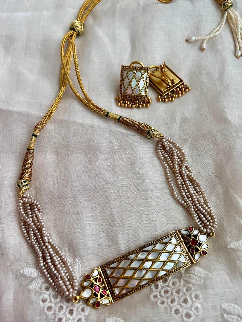 Gold polish mother of pearl choker with earrings, SET-Silver Neckpiece-CI-House of Taamara