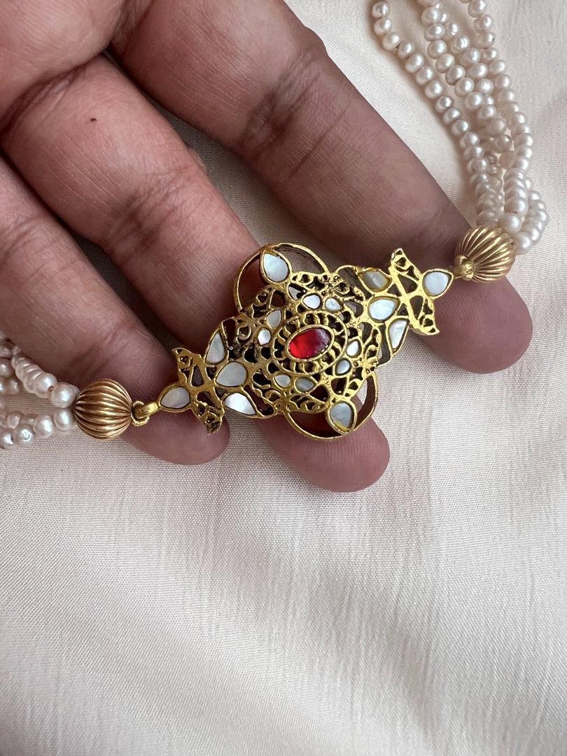 Gold polish mother of pearl pendant choker with pearls chain-Silver Neckpiece-CI-House of Taamara