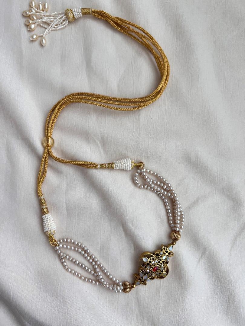 Gold polish mother of pearl pendant choker with pearls chain-Silver Neckpiece-CI-House of Taamara